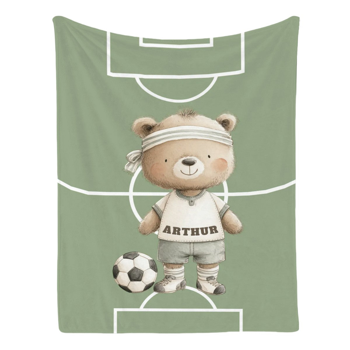 Personalized Soccer Bear baby blanket, sports-themed nursery keepsake.