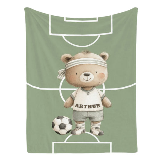 Personalized Soccer Bear baby blanket, sports-themed nursery keepsake.