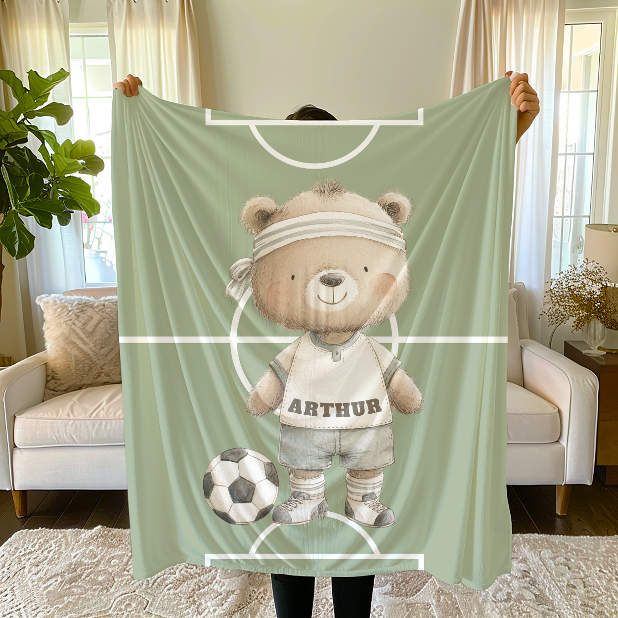 Folded Soccer Bear kids blanket, handmade heirloom nursery decor.