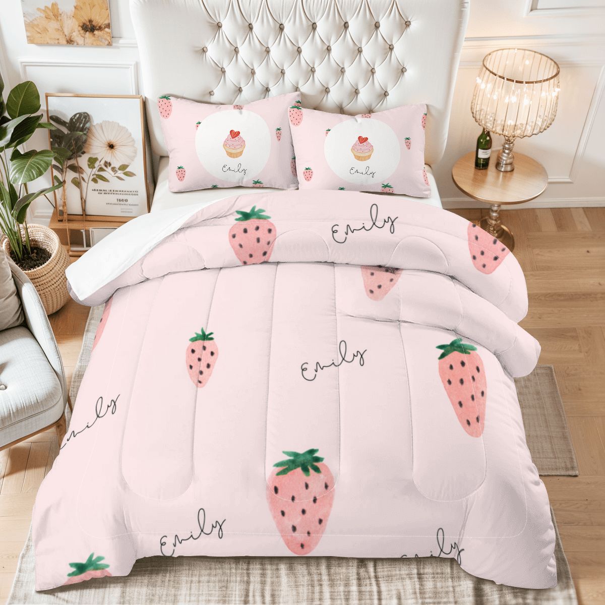 Custom Name Strawberry Bedding Set | Personalized Pink Duvet