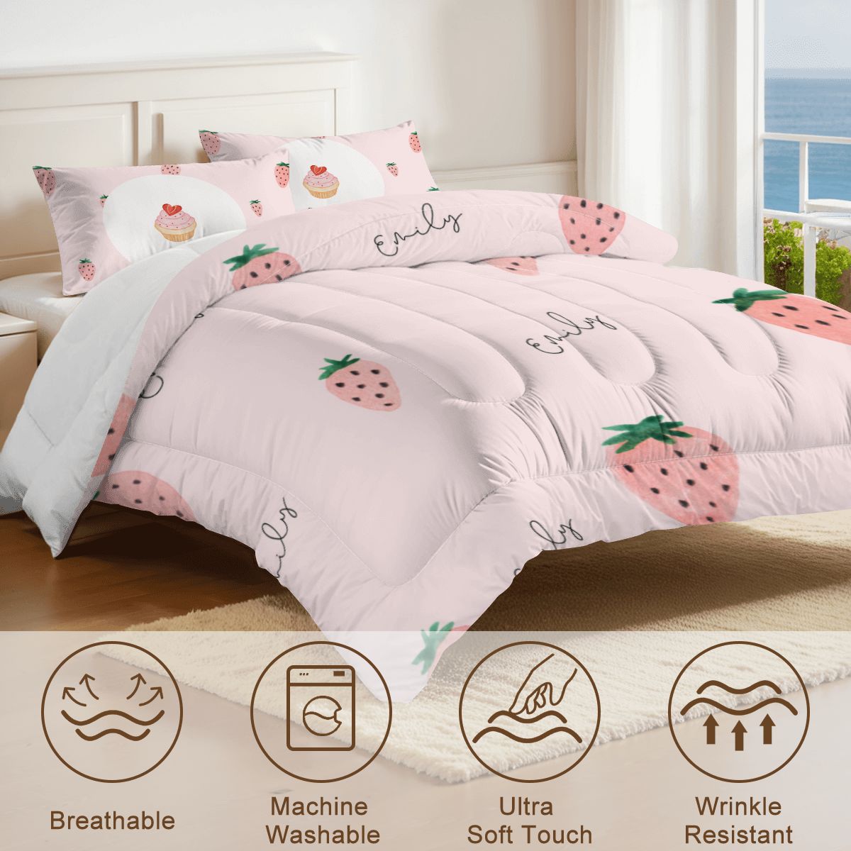 Custom Name Strawberry Bedding Set | Personalized Pink Duvet