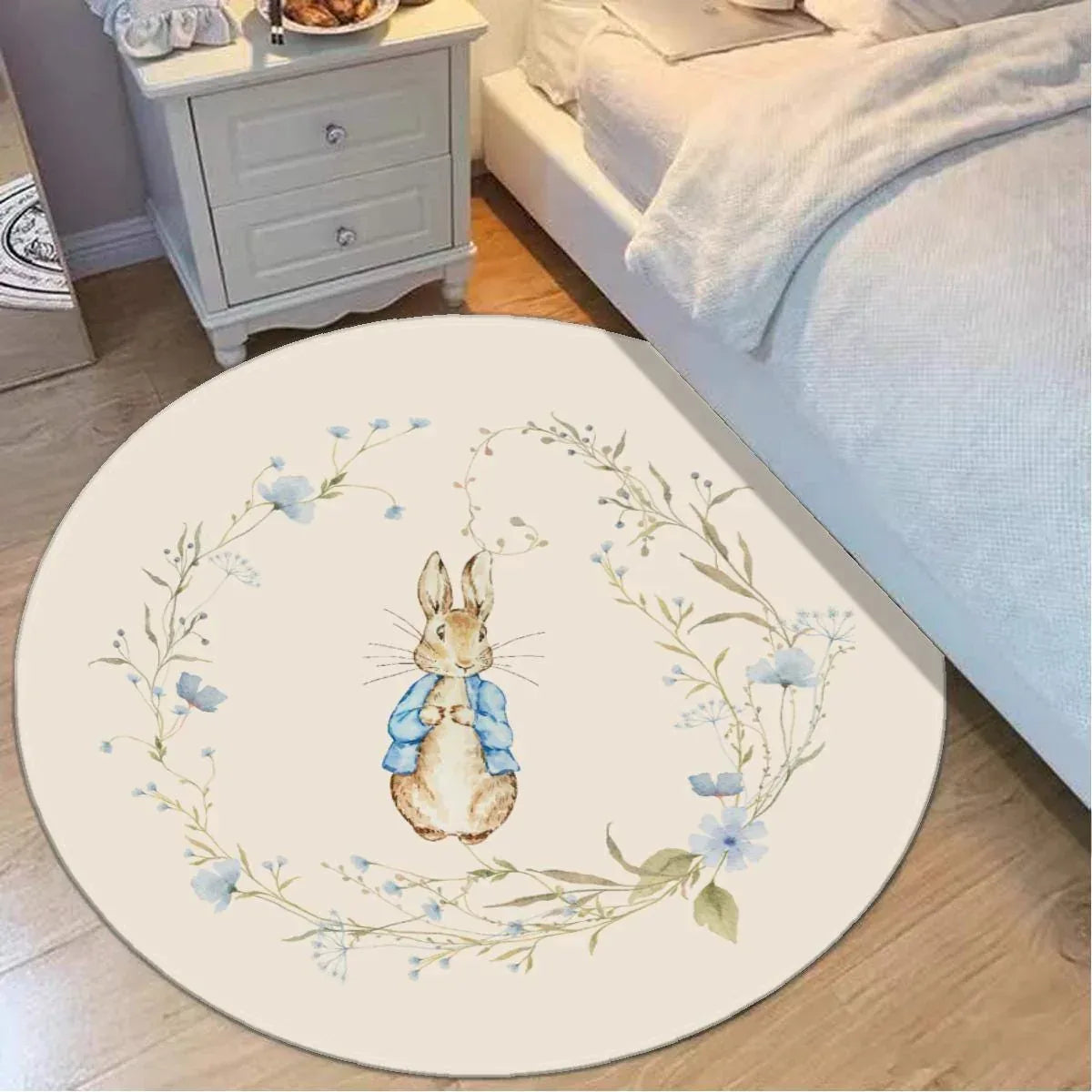 Vintage Bunny Garden round nursery rug, floral floor mat for baby room.
