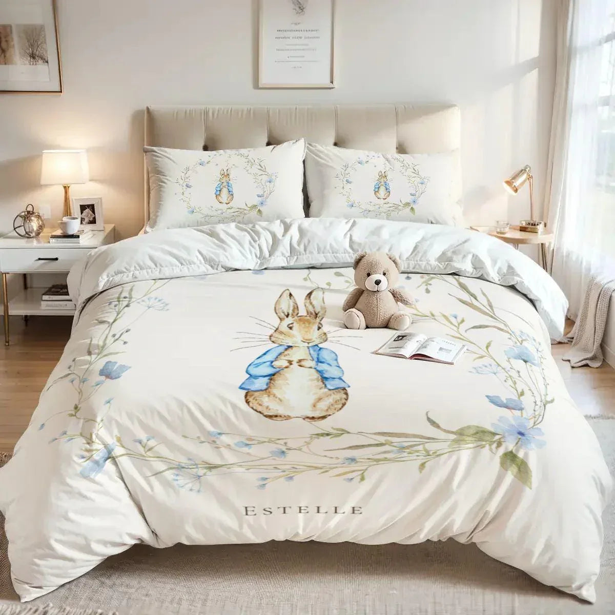 Vintage Bunny Garden nursery bedding set styled in a modern, serene baby playroom.