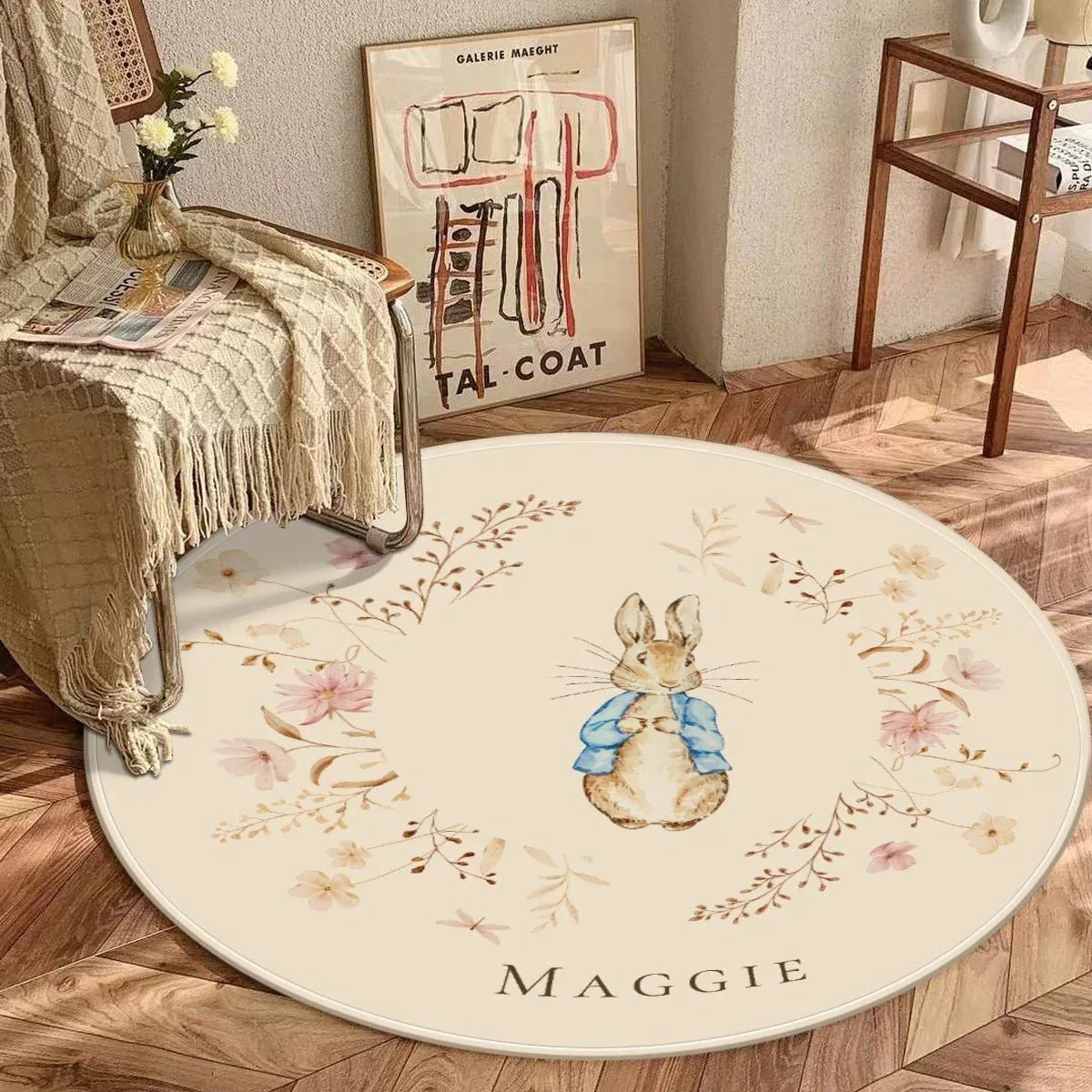 Vintage Bunny Garden nursery rug styled in a modern, serene baby playroom.