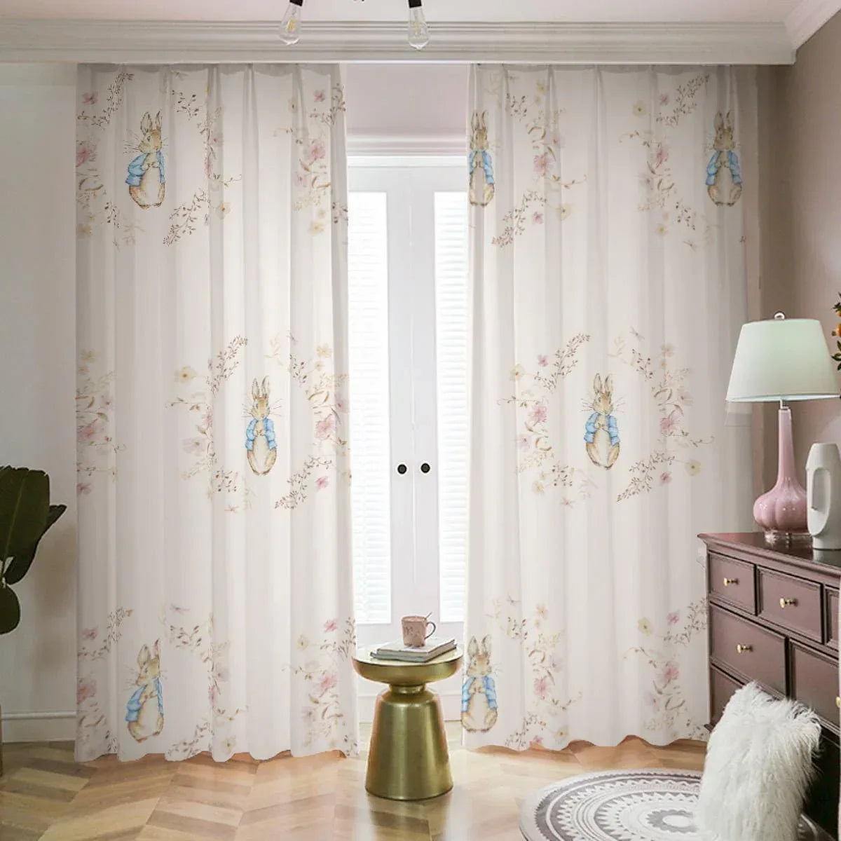Vintage Bunny Garden nursery  floral curtain for baby room.