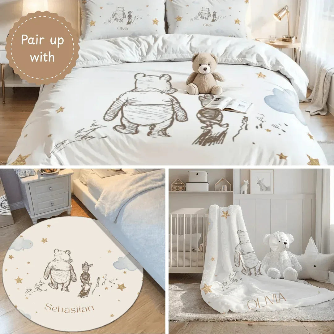 Cohesive Winnie the Pooh Dream nursery theme set including blanket, rug, and bedding decor.