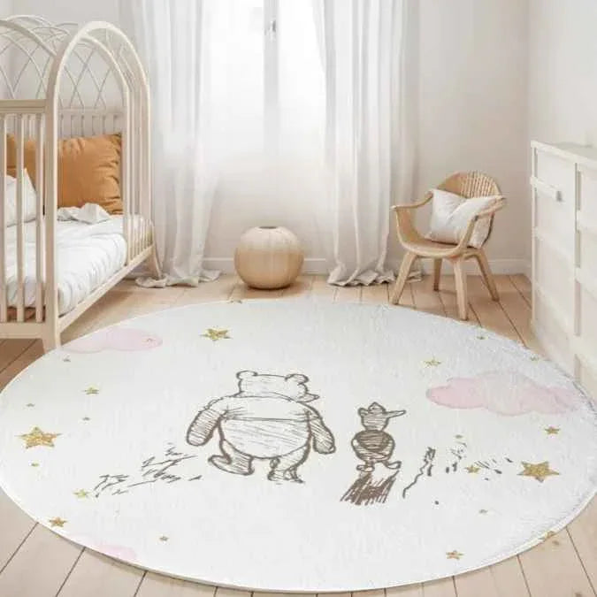Winnie the Pooh Dream round nursery rug, soft floor decor for baby's room.