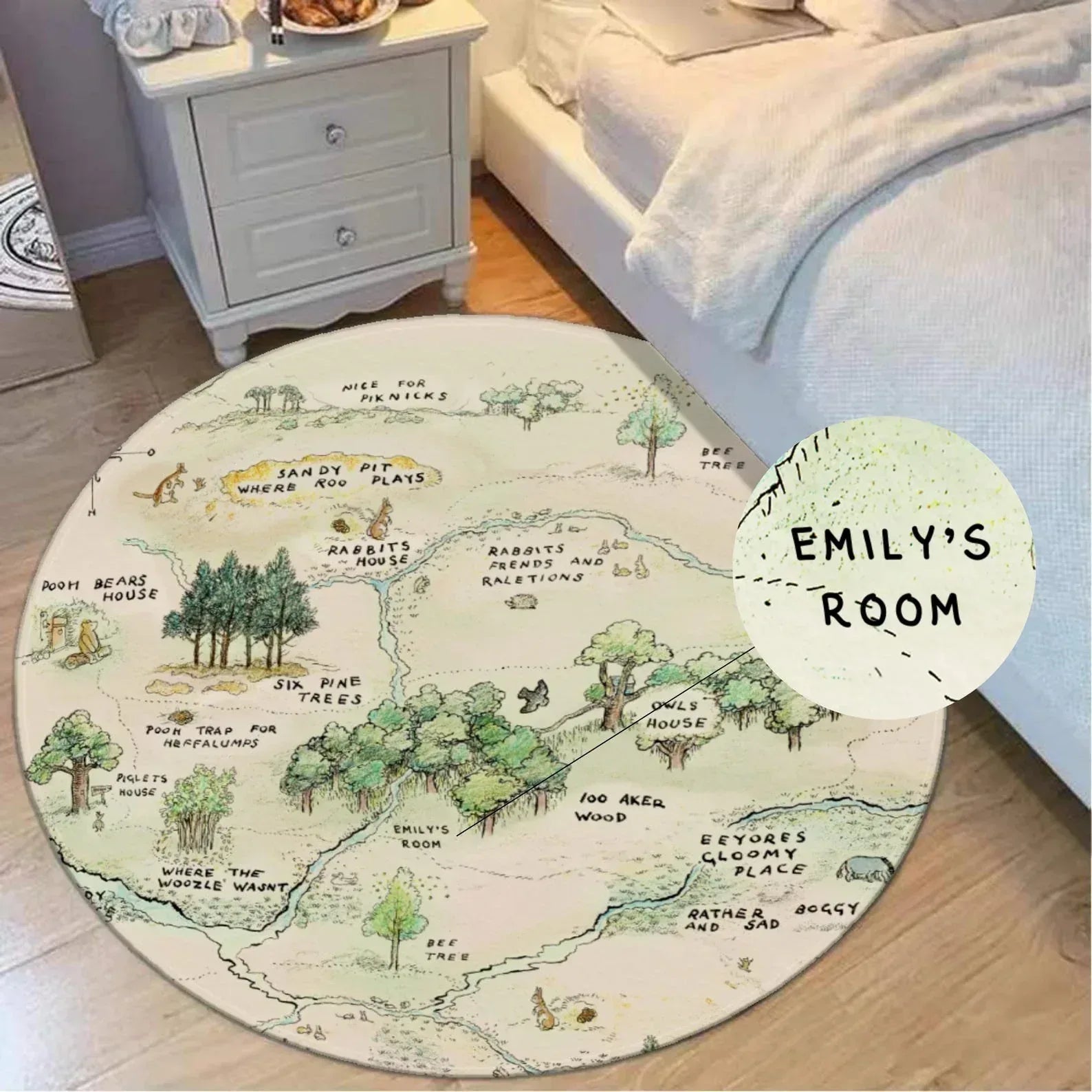 Personalized Winnie the Pooh Hundred Acre Wood map nursery rug, storybook floor decor.