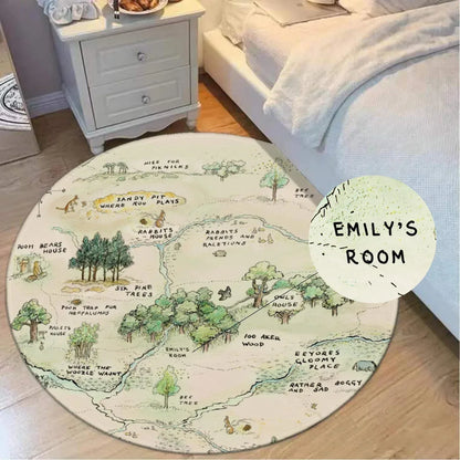 Personalized Winnie the Pooh Hundred Acre Wood map nursery rug, storybook floor decor.
