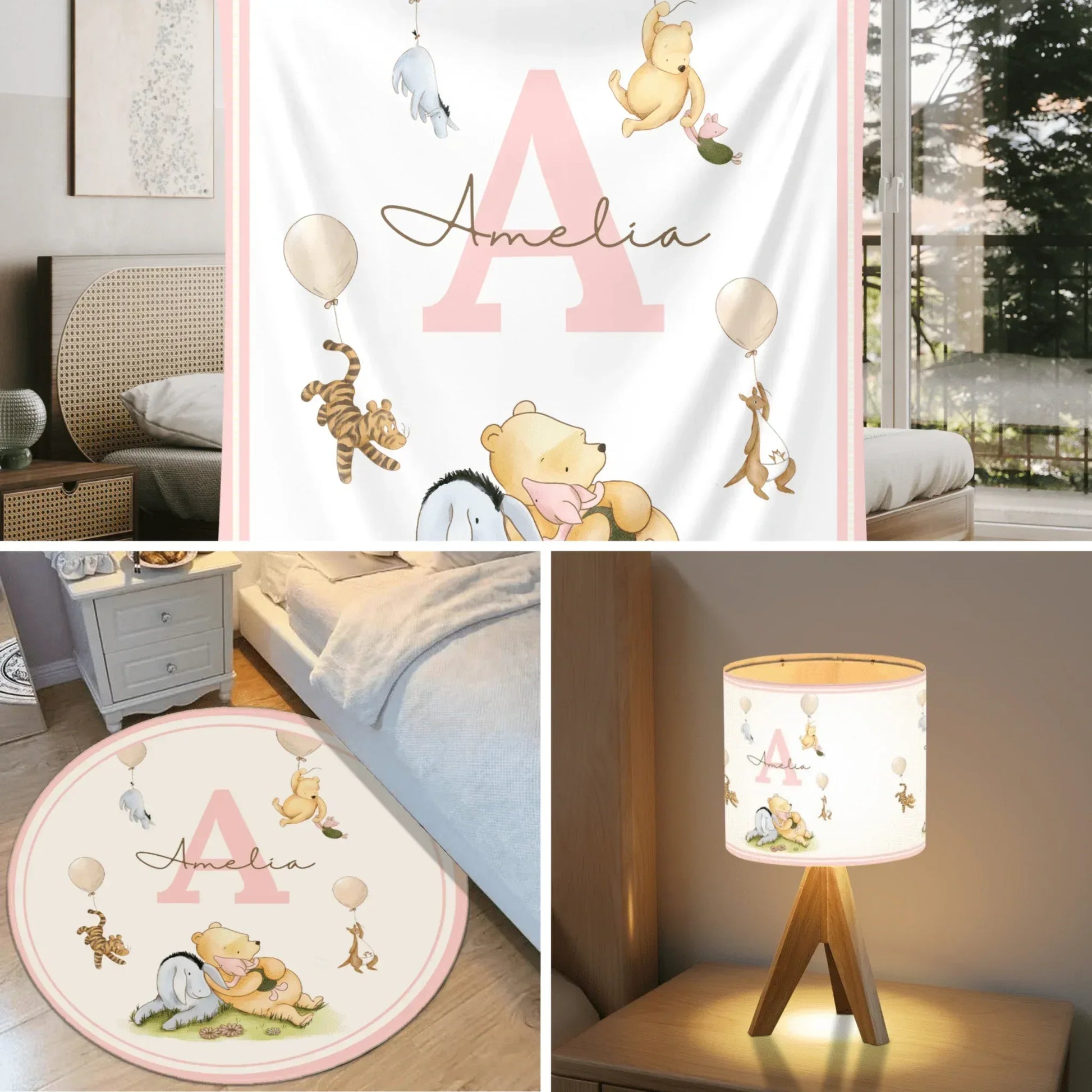 Cohesive Winnie the Pooh and Friends nursery theme set including blanket, rug, and bedding, complete storybook room decor.