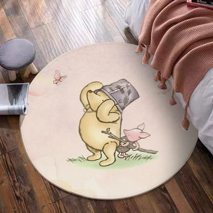 Winnie the Pooh and Piglet nursery rug styled in a serene, modern baby bedroom.