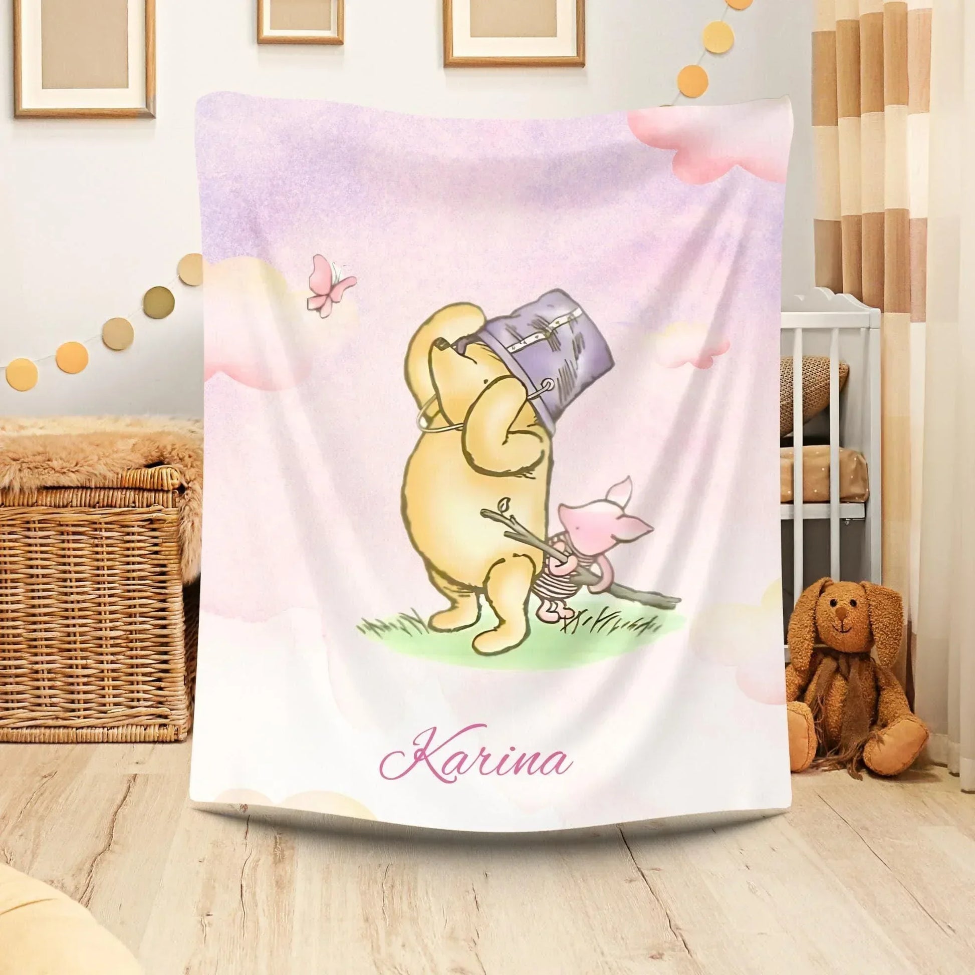 Classic Winnie the Pooh and Piglet round nursery blanket, soft floor decor for baby.