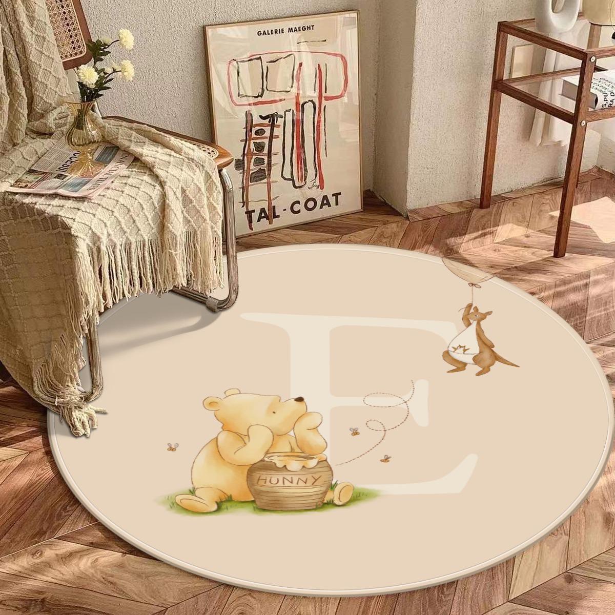 Personalized Winnie the Pooh and Roo round nursery rug, storybook floor decor.