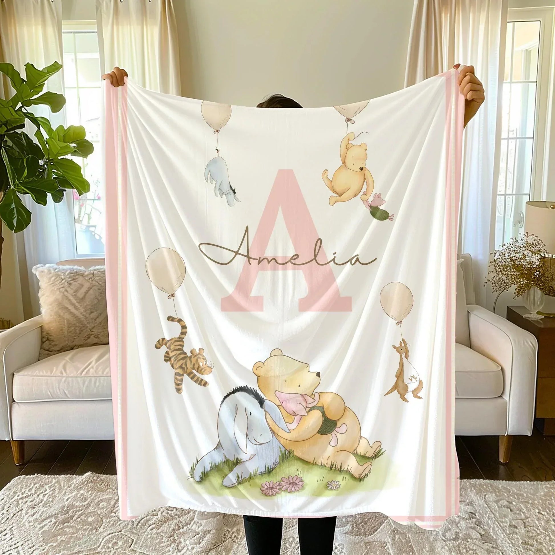 Personalized Winnie the Pooh and friend round nursery blanket with custom initial.