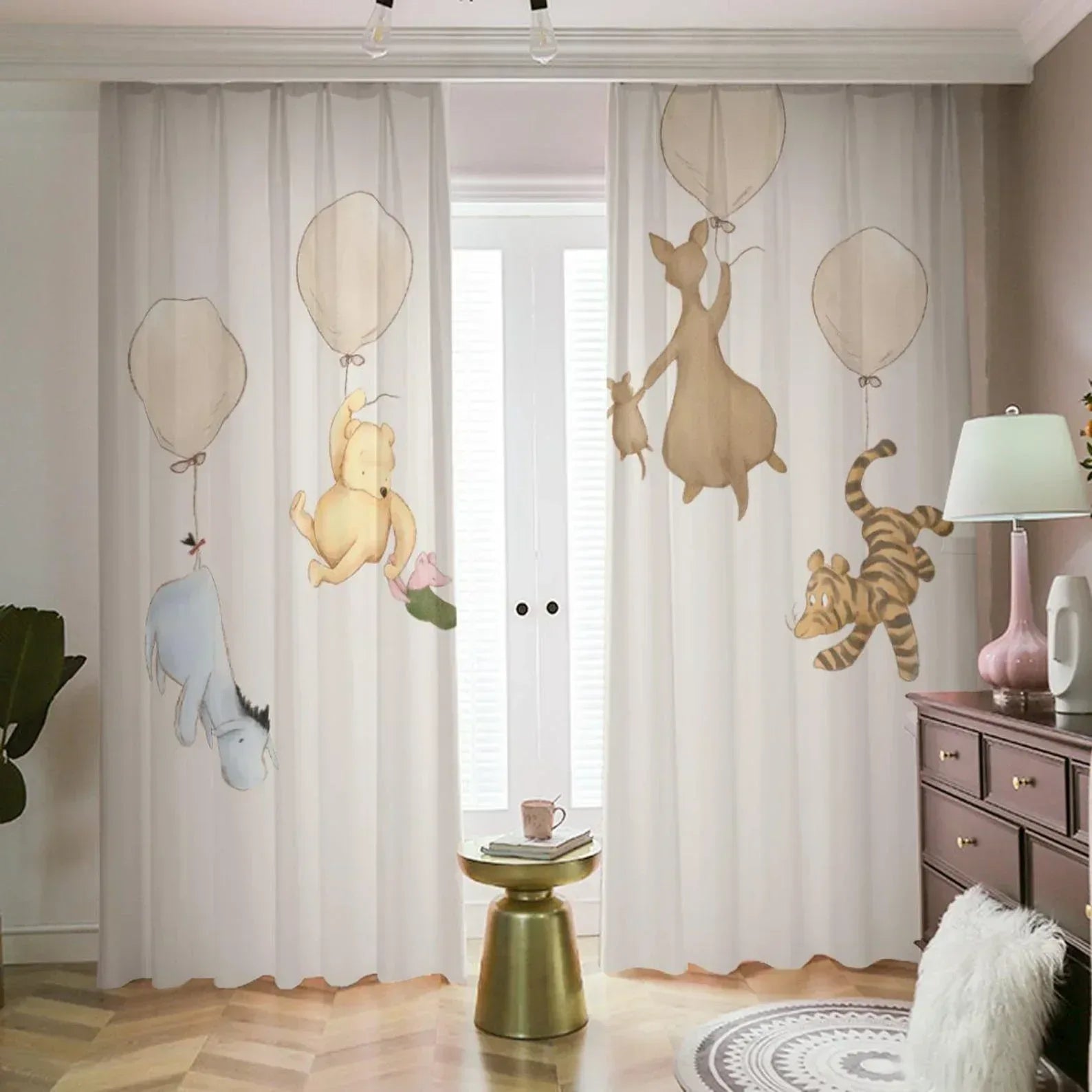 Winnie the Pooh and friends balloon round nursery curtain, fun kids floor decor.