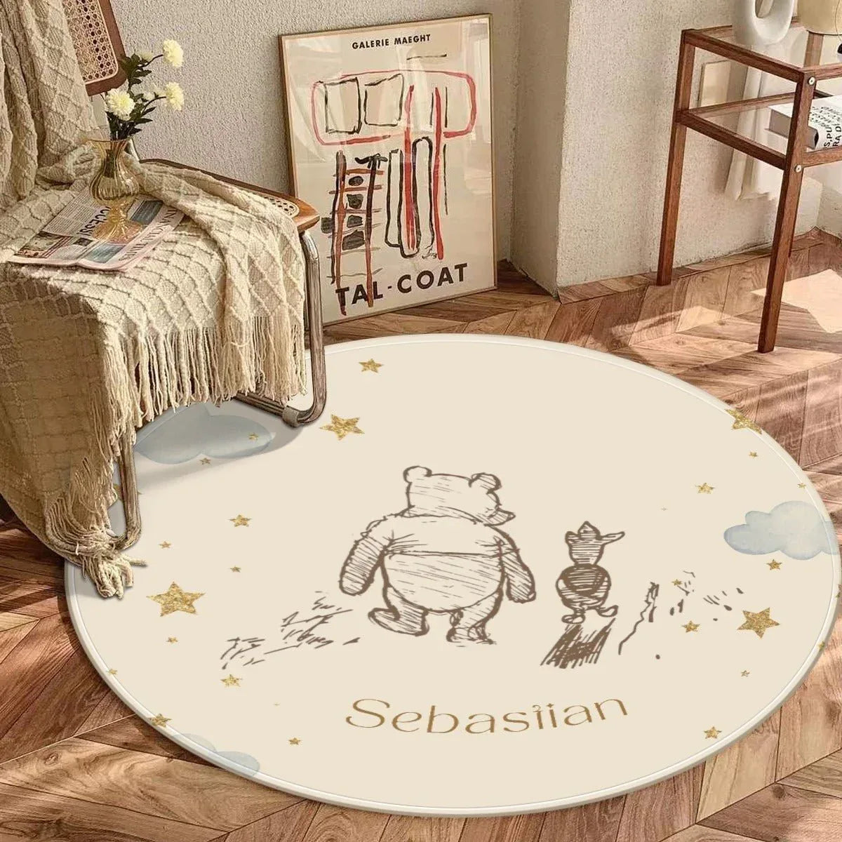Close-up of classic Winnie the Pooh illustration on soft nursery rug fabric.