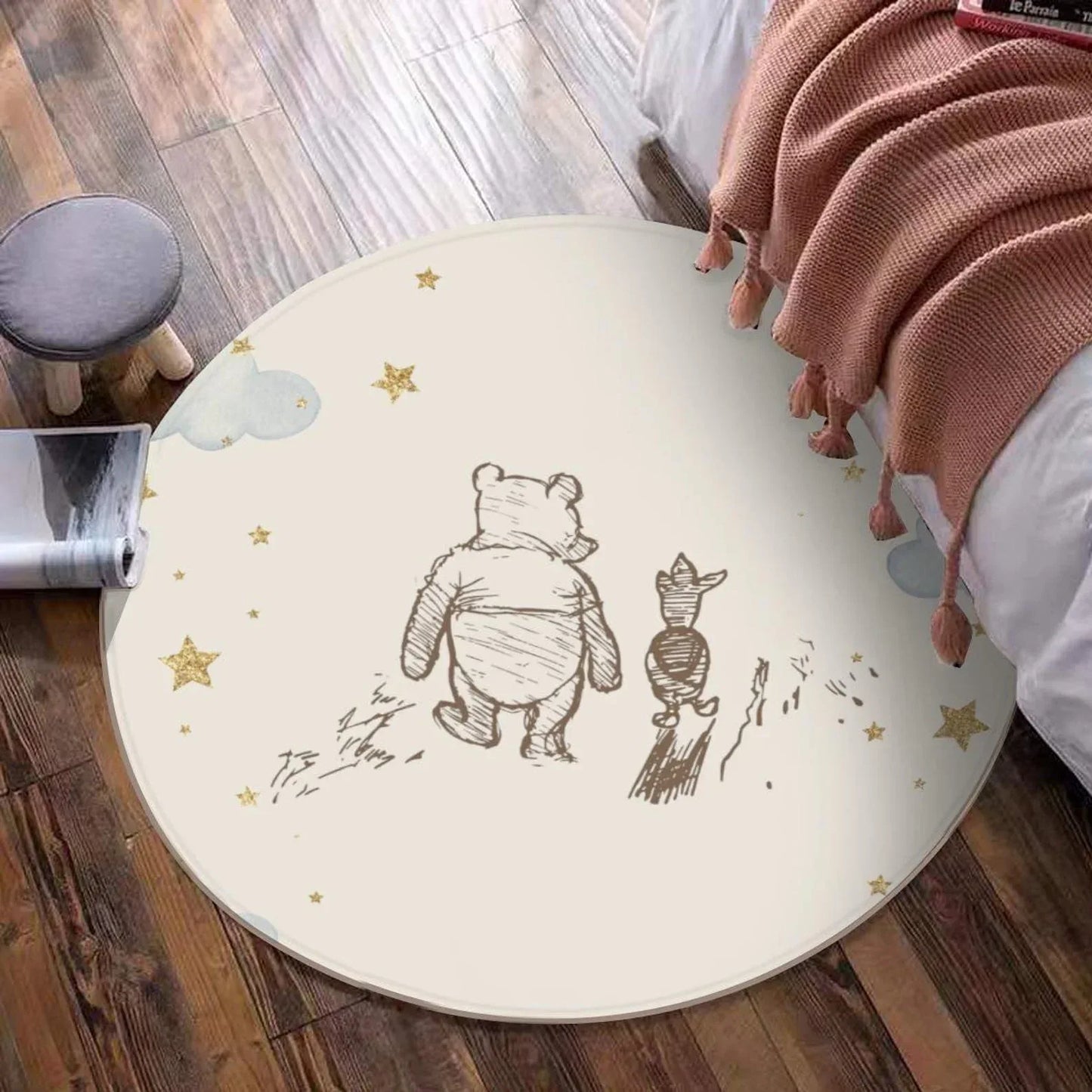 Round Winnie the Pooh play mat, cozy and soft floor decor for toddler.