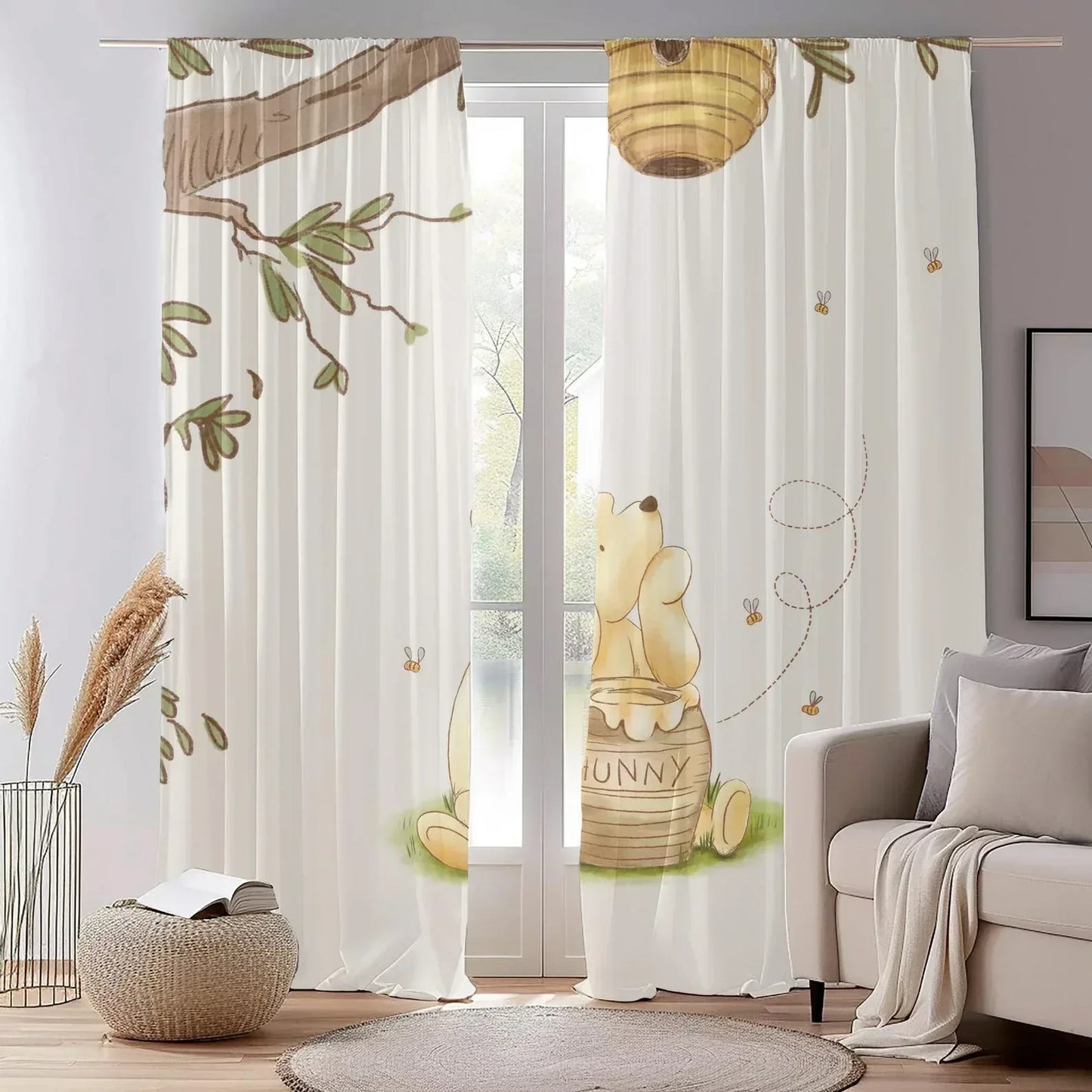 Custom child’s name detail on Winnie the Pooh nursery Honey Curtain, perfect personalized baby shower gift.