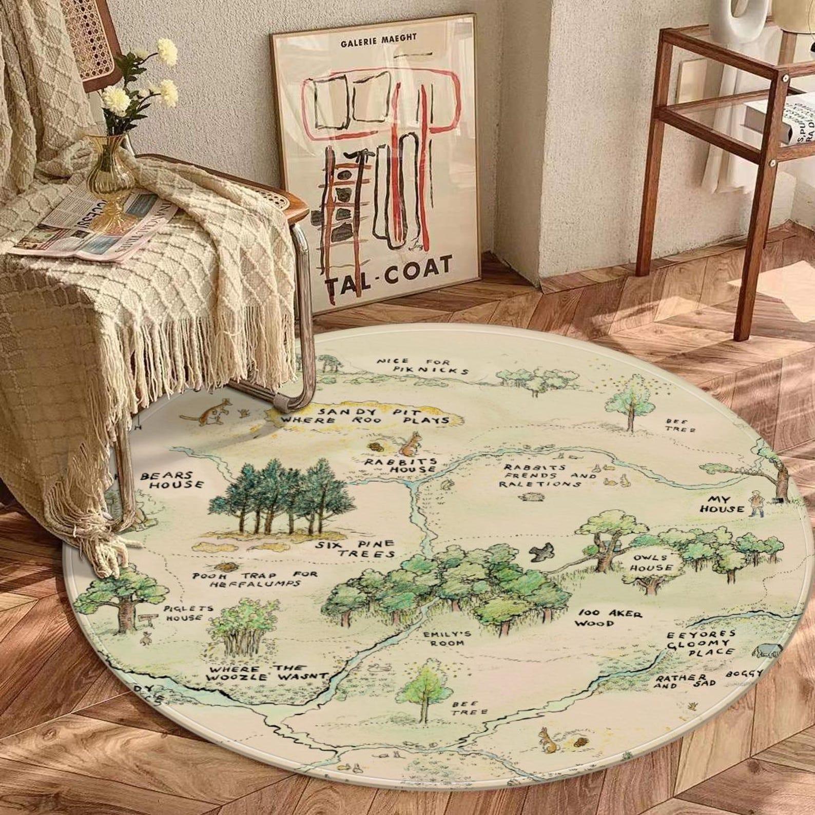 Close-up of Hundred Acre Wood Winnie the pooh map detail on soft round baby nursery rug.
