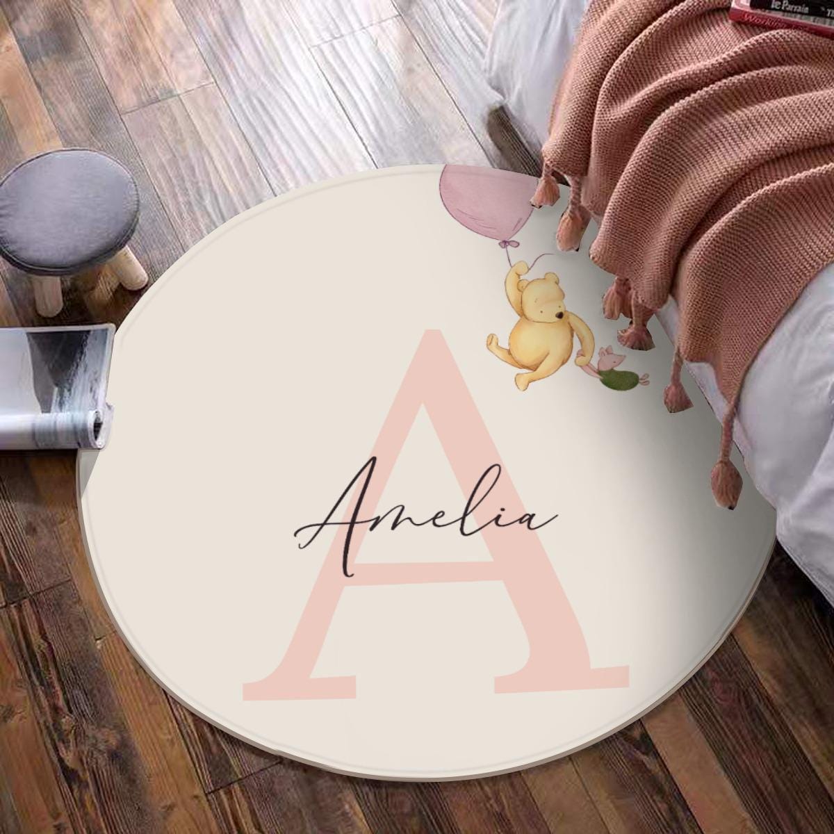 Personalized Winnie the Pooh Nursery Rug – Custom Baby Name Area Rug, Baby Shower Gift
