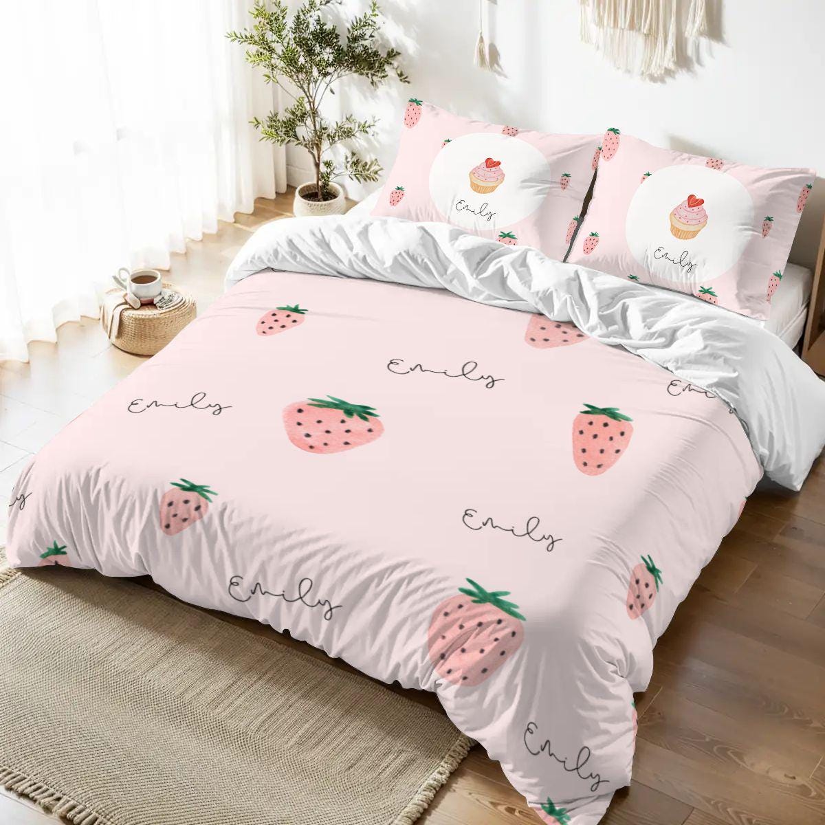 Custom Name Strawberry Bedding Set for Girls