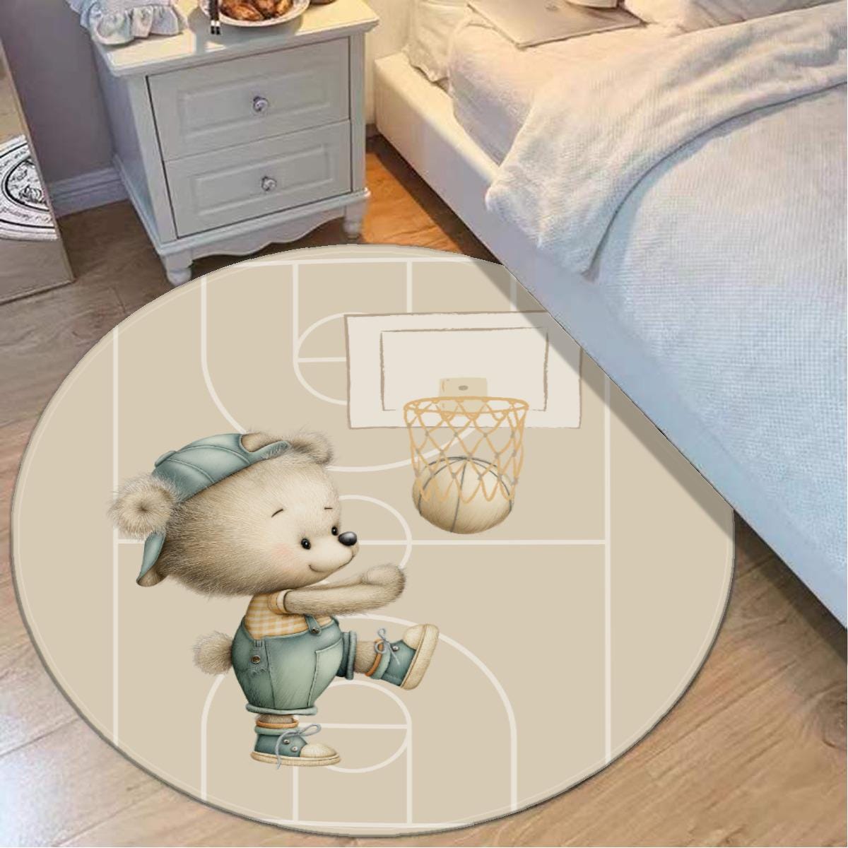 Basketball Bear Nursery Rug – Cute Sports Theme Rug for Baby Boy Room, Playroom mat