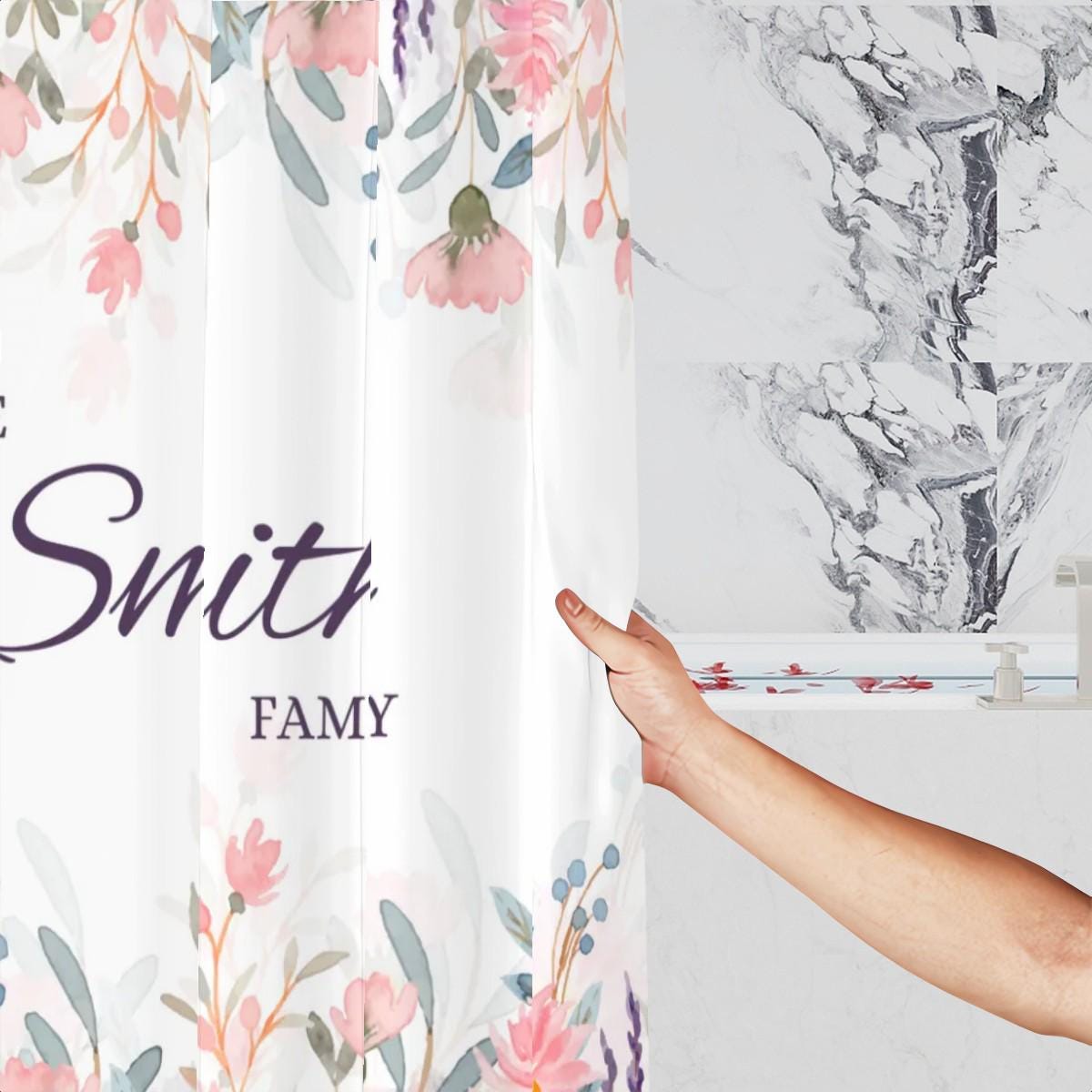 Personalized Floral Shower Curtain – Custom Name Bathroom Decor for Couples, Wedding or Housewarming Gift