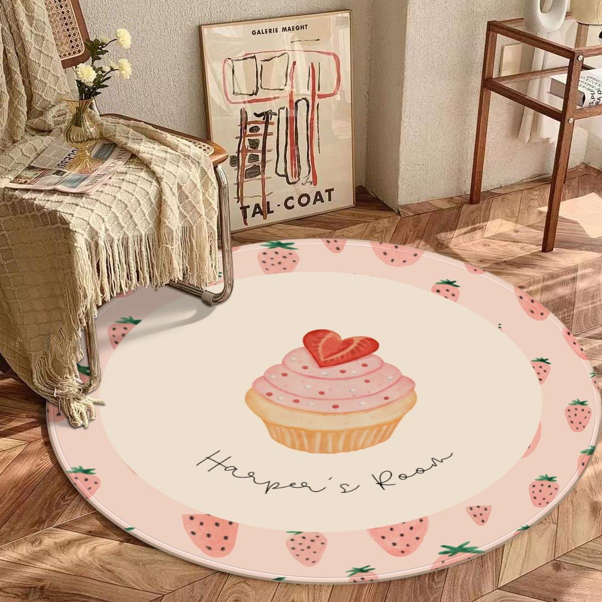 Custom Name Strawberry Cupcake Round Rug – Personalized Carpet for Girls
