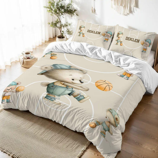 Bear Basketball Bedding Set for Boys – Watercolor Sports Theme Duvet Cover & Pillow Covers, Cute Animal Nursery, Kids Room Decor
