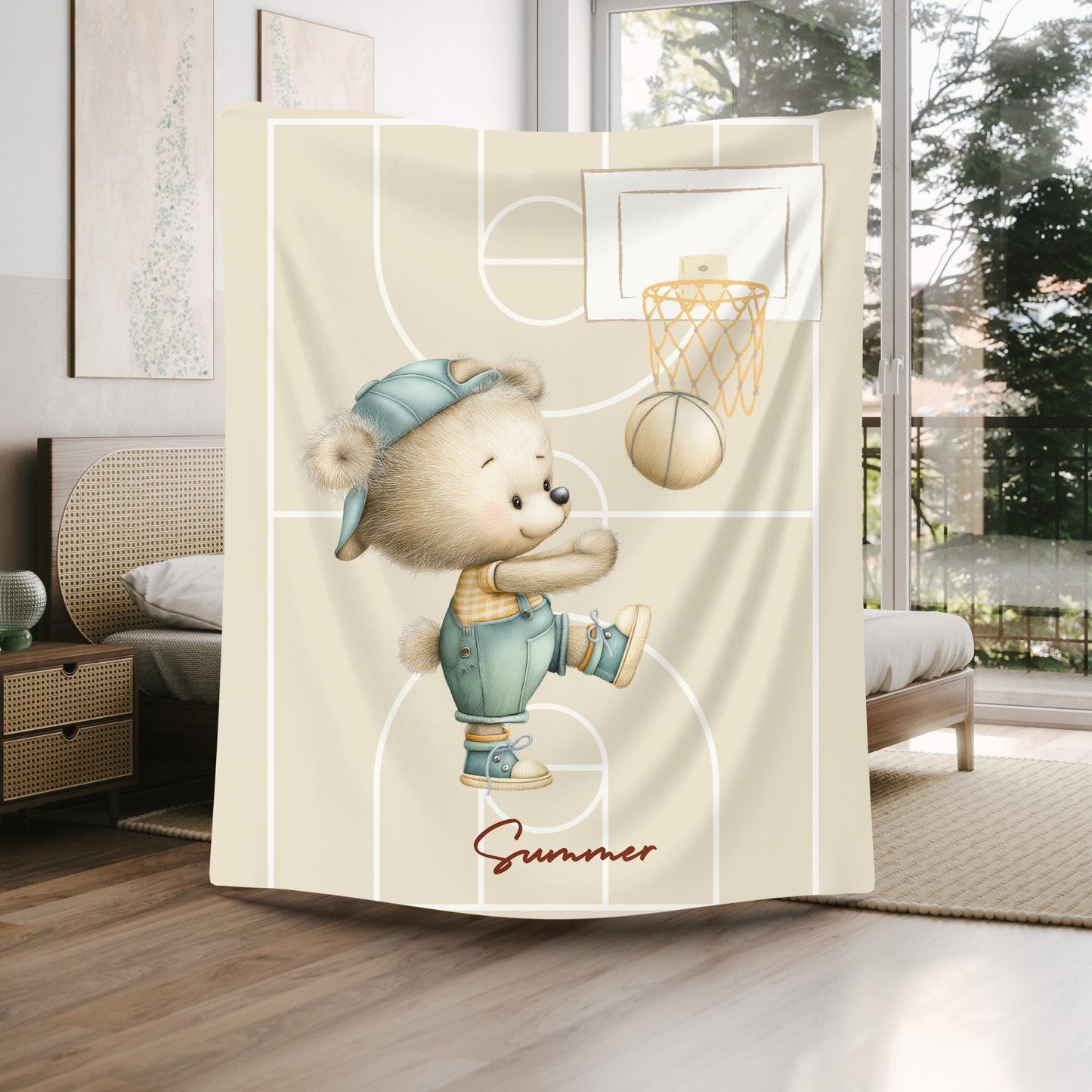Basketball Bear Nursery Rug – Cute Sports Theme Rug for Baby Boy Room, Playroom mat