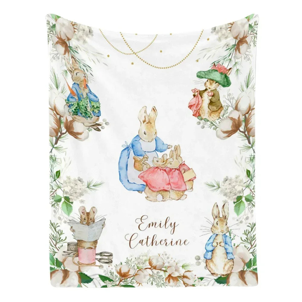 Personalized vintage bunny and friends baby blanket, soft heirloom nursery decor keepsake.