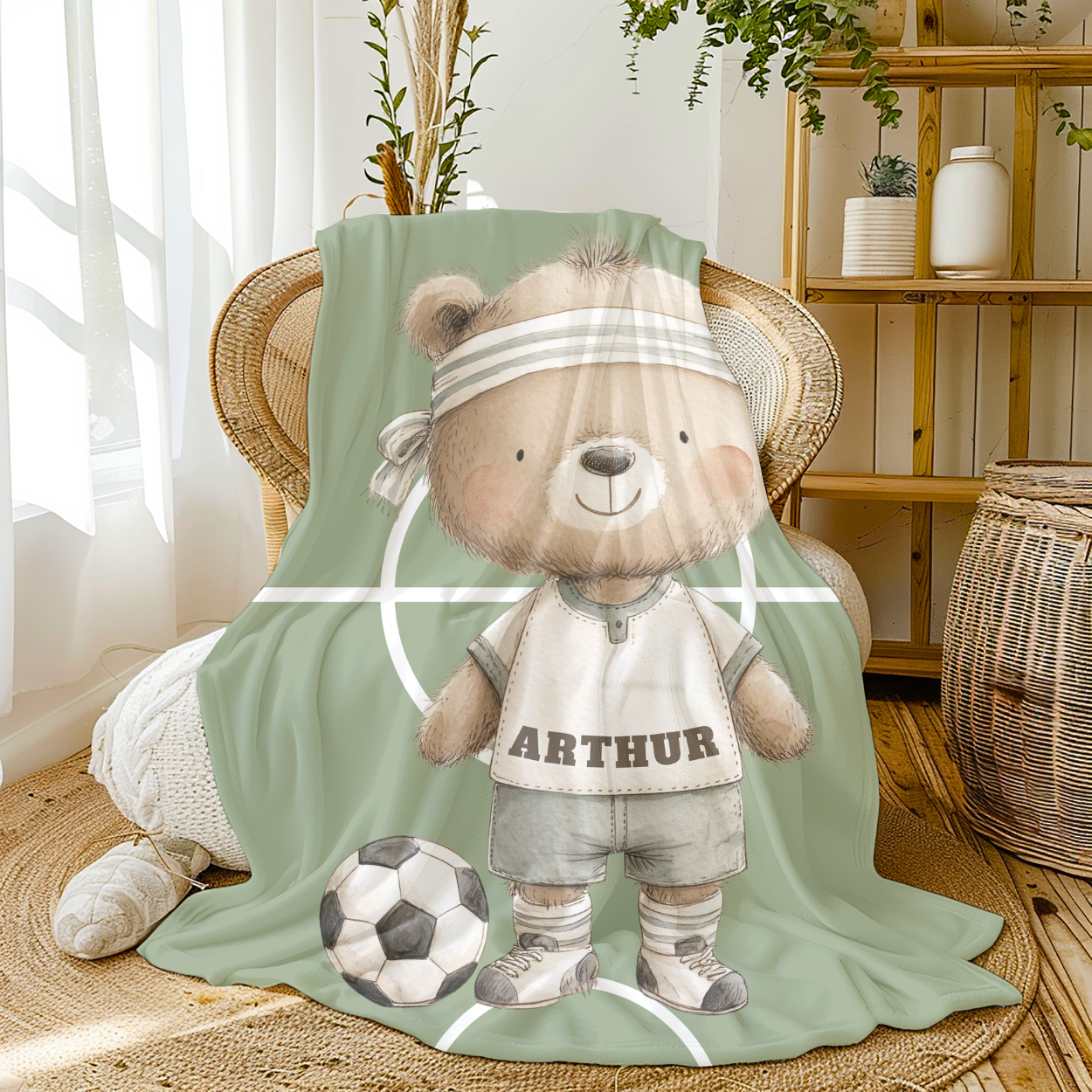 Custom name detail on personalized soccer nursery blanket gift.